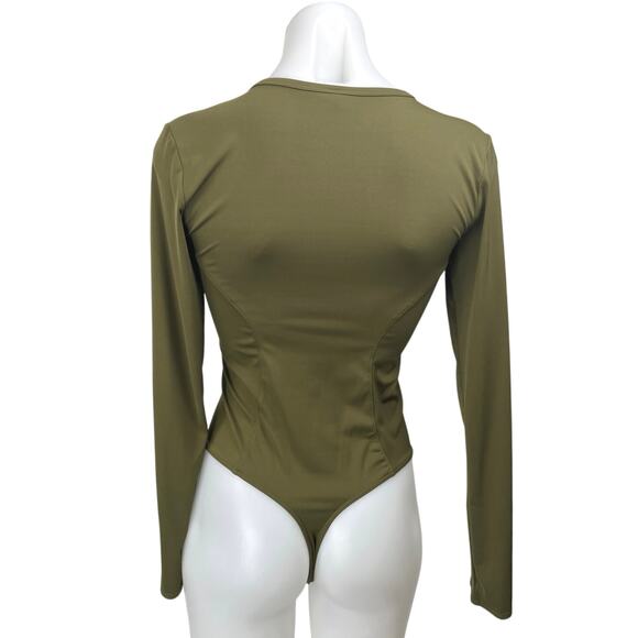 Free People Intimately Women Green Long Sleeve Deep V Thong Bodysuit Top Size S - Picture 2 of 5